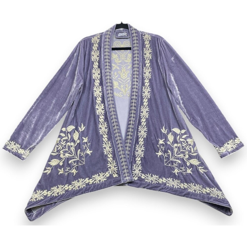 Time for Me Velvet Embroidered Kimono Cardigan Womens S Purple Boho Artsy Open